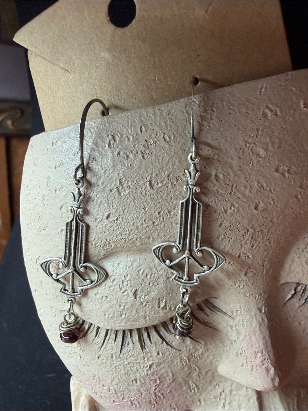 Silver Art Nouveau Drop Earrings with Garnet Accent